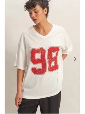 Oversized Varsity Style V-Neck Graphic T-Shirt  NEW
